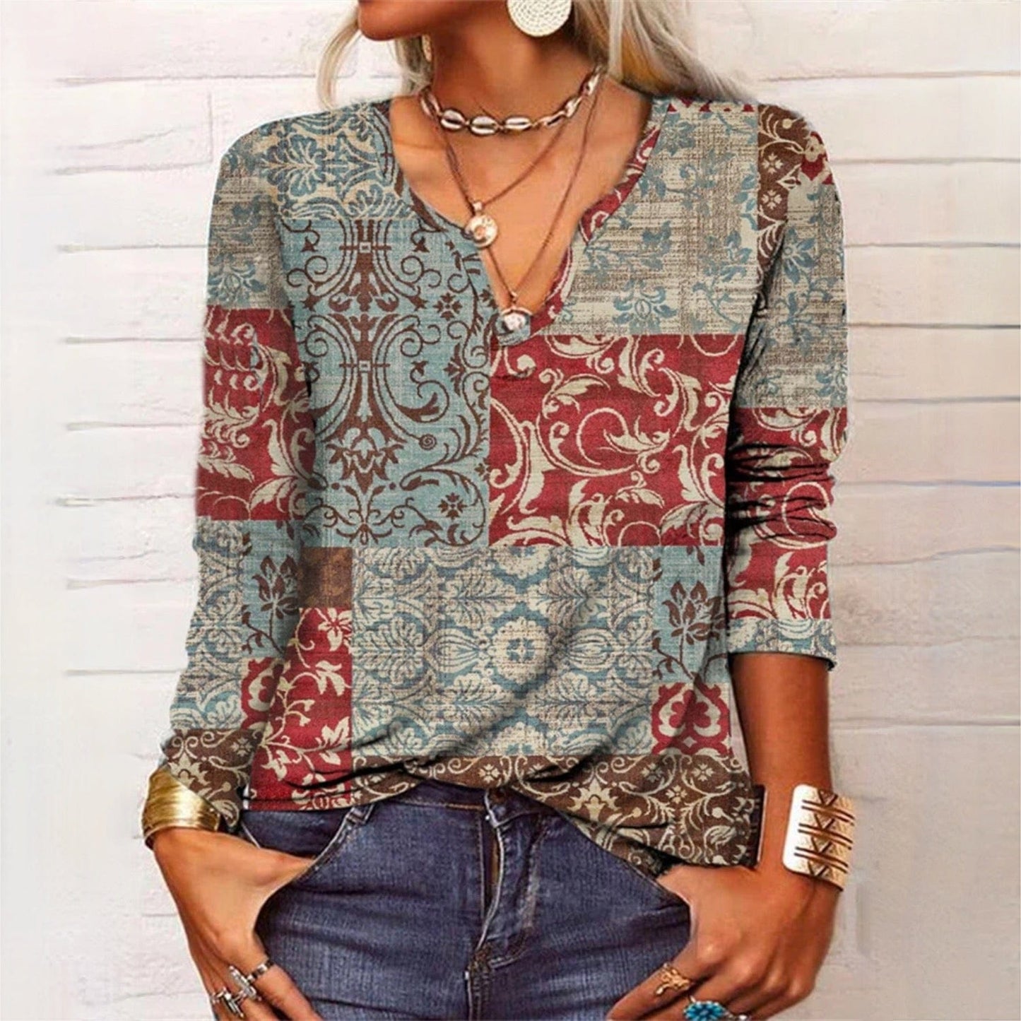 LP | top a maniche lunghe con stampa patchwork boho