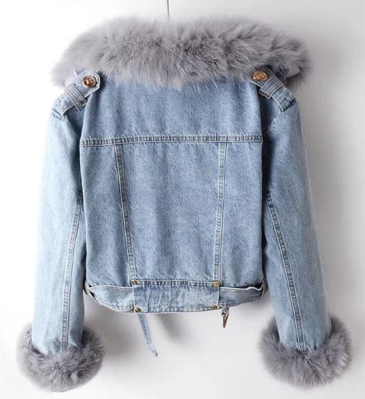 LP | Giacca corta da donna in denim con collo in pelliccia di volpe e pelliccia di coniglio