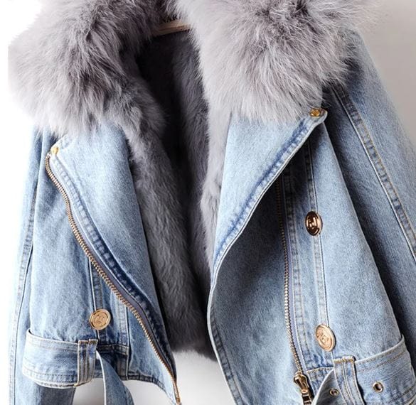 LP | Giacca corta da donna in denim con collo in pelliccia di volpe e pelliccia di coniglio
