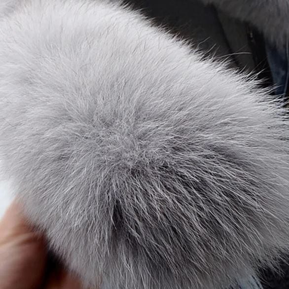 LP | Giacca corta da donna in denim con collo in pelliccia di volpe e pelliccia di coniglio
