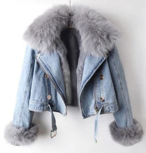 LP | Giacca corta da donna in denim con collo in pelliccia di volpe e pelliccia di coniglio