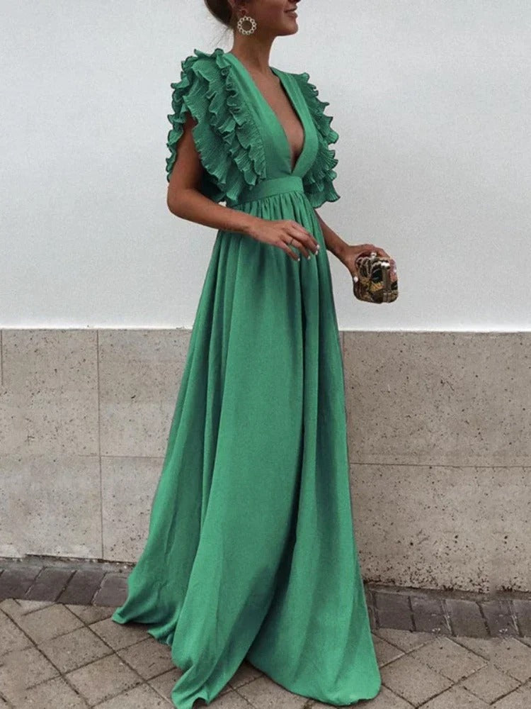 LP | Abito elegante con scollo a V e maniche arricciate