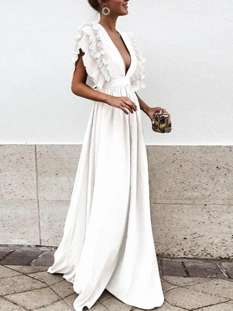 LP | Abito elegante con scollo a V e maniche arricciate