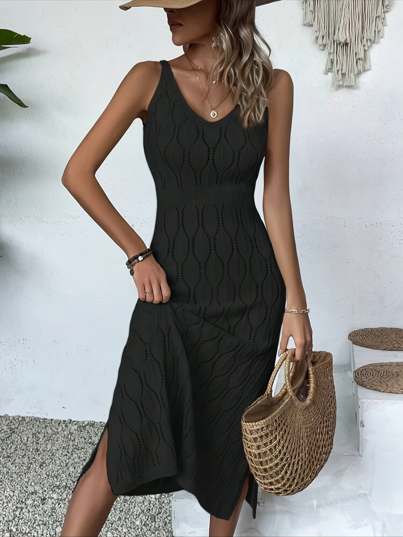 LP | Abito lungo senza maniche in maglia con stile cappotto