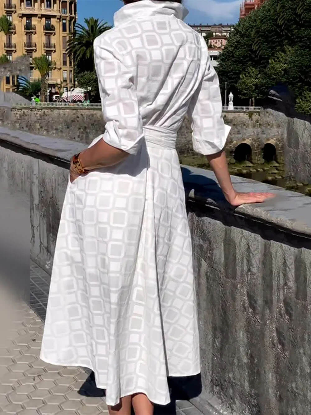 LP | Stampa a quadri Cintura Tasca con bottoni Vestito midi a maniche lunghe