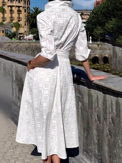 LP | Stampa a quadri Cintura Tasca con bottoni Vestito midi a maniche lunghe