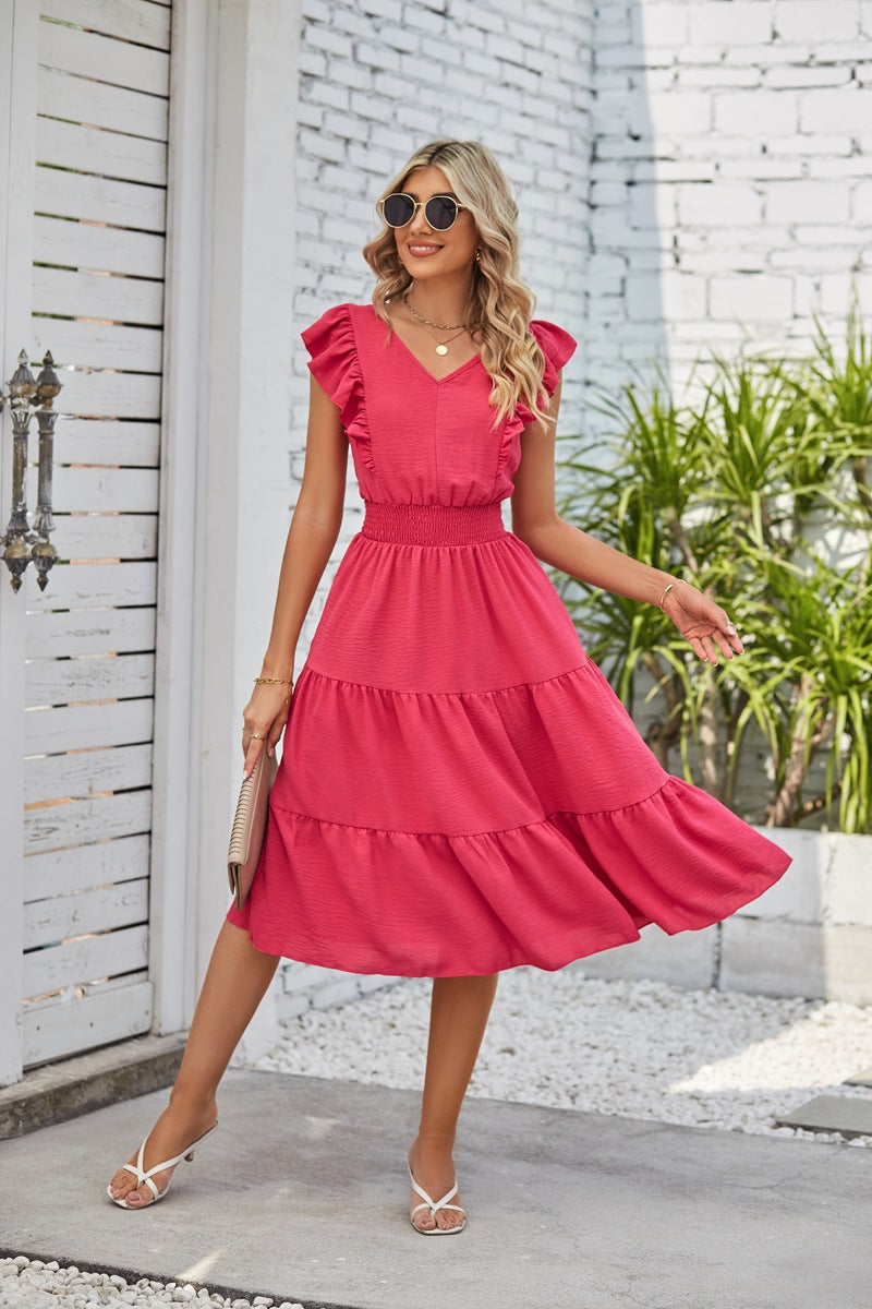 LP | Vestito midi senza maniche con scollo a V e vita elastica da donna con volant in 7 colori S-XL