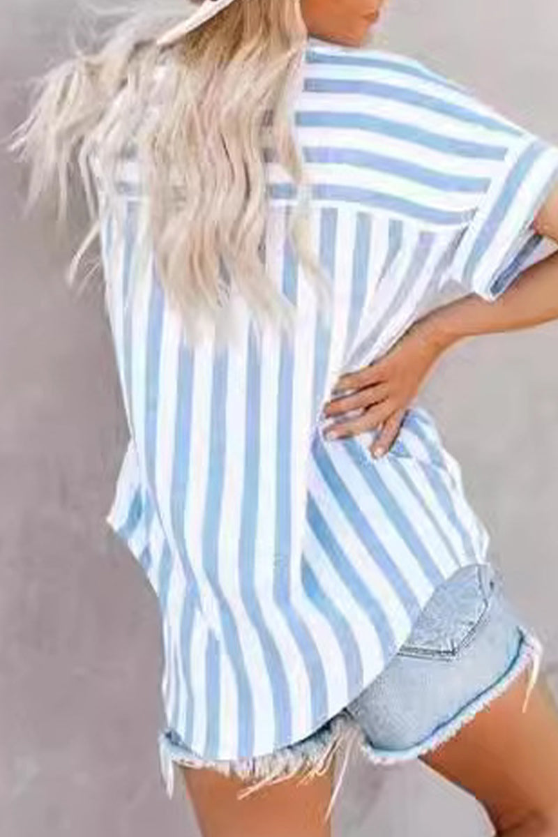 LP | Angela - Top patchwork casual a righe con colletto risvoltato