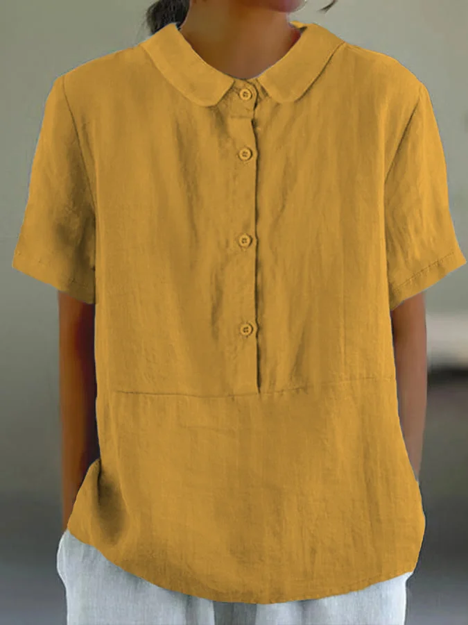 LP | Santorini - Camicia casual da donna monocolore con scollo rotondo e bottoni.