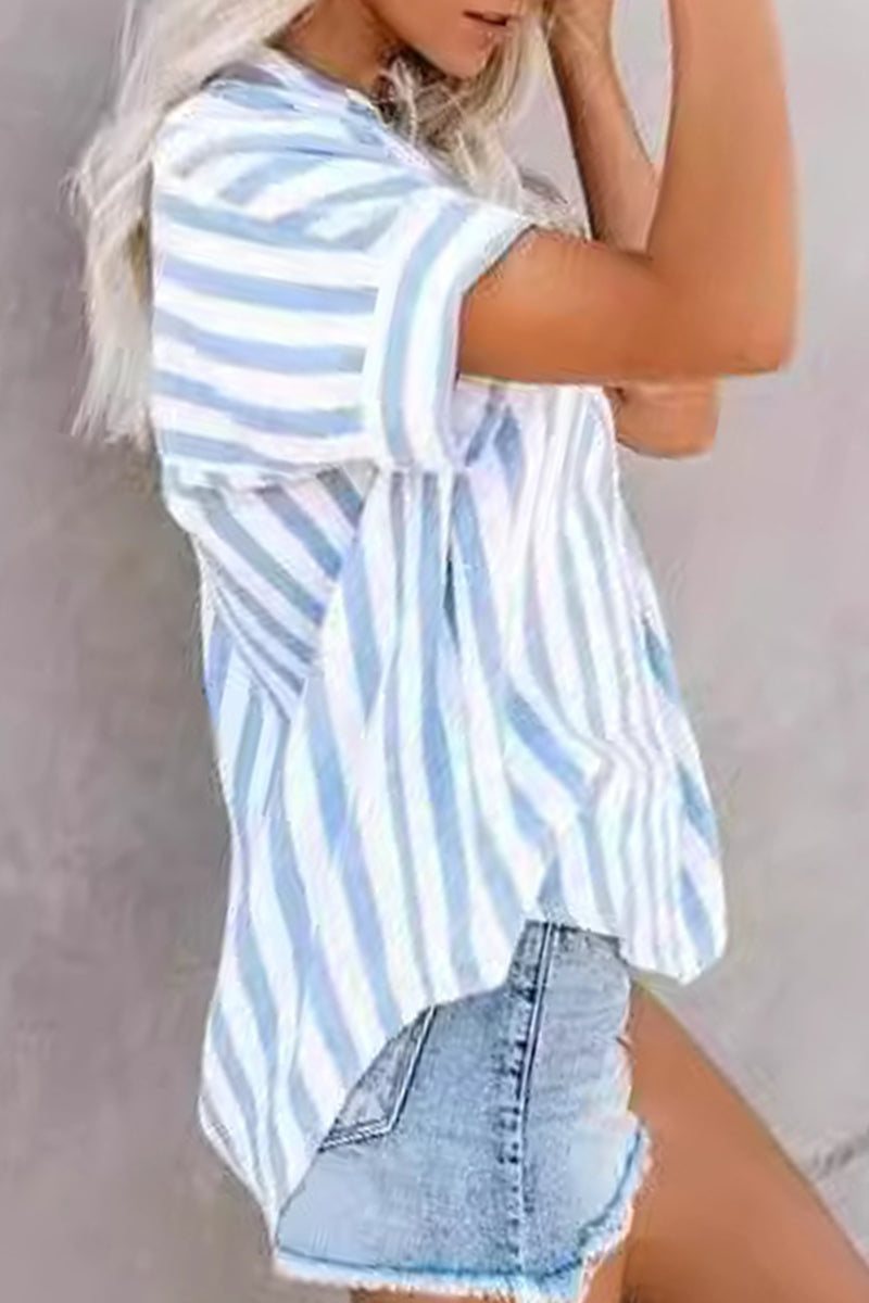 LP | Angela - Top patchwork casual a righe con colletto risvoltato