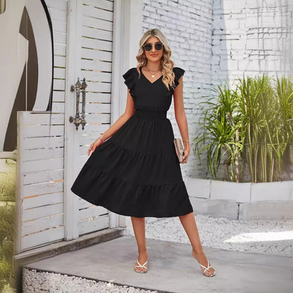 LP | Vestito midi senza maniche con scollo a V e vita elastica da donna con volant in 7 colori S-XL