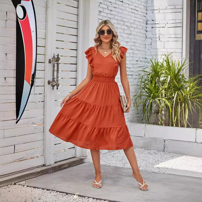 LP | Vestito midi senza maniche con scollo a V e vita elastica da donna con volant in 7 colori S-XL