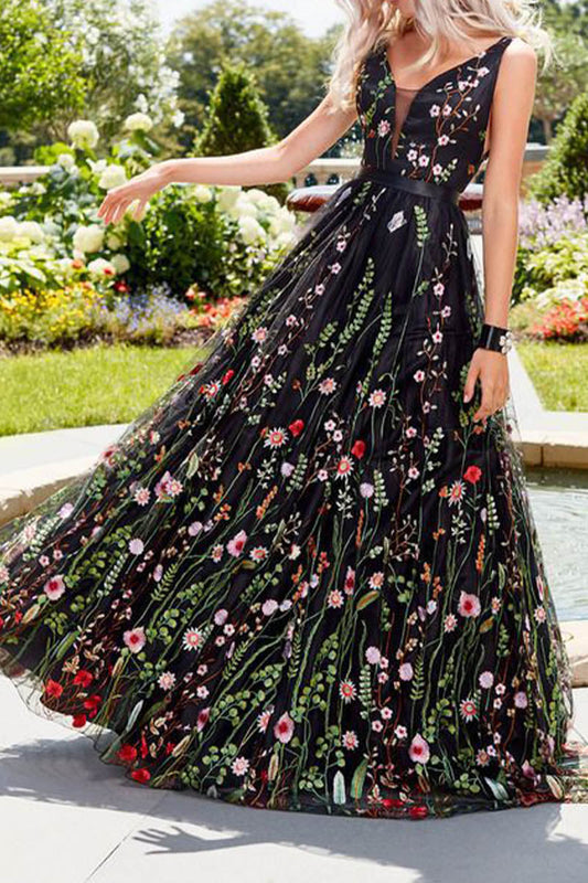 LP | 3D Maxi abito floreale con scollo a V e schiena scoperta