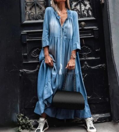LP | Maxi abito di jeans in pizzo vintage con scollo a V e orlo ampio