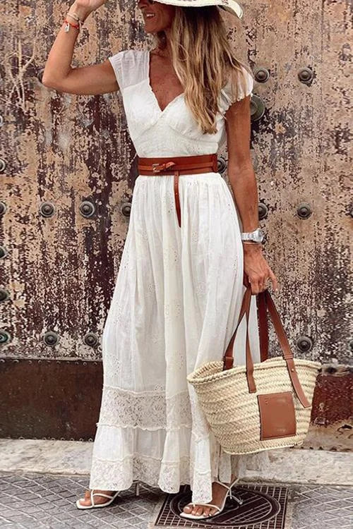 LP | Maxi abito in pizzo con scollo a V e maniche corte