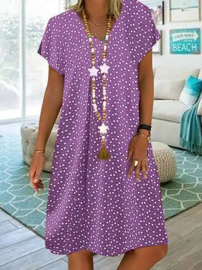 LP | 2023 Vestito estivo da donna Elegante Bohemien allentato con scollo a V e manica corta con cuore stampato Abiti da donna Abbigliamento da spiaggia Sundress