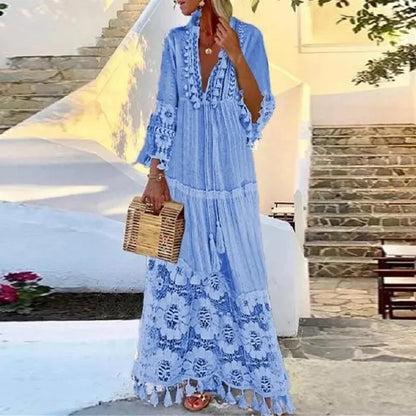 LP | Abito lungo boho con pizzo e pompon