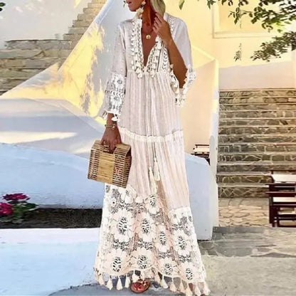 LP | Abito lungo boho con pizzo e pompon
