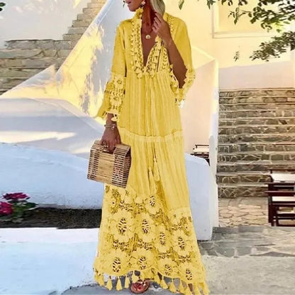 LP | Abito lungo boho con pizzo e pompon