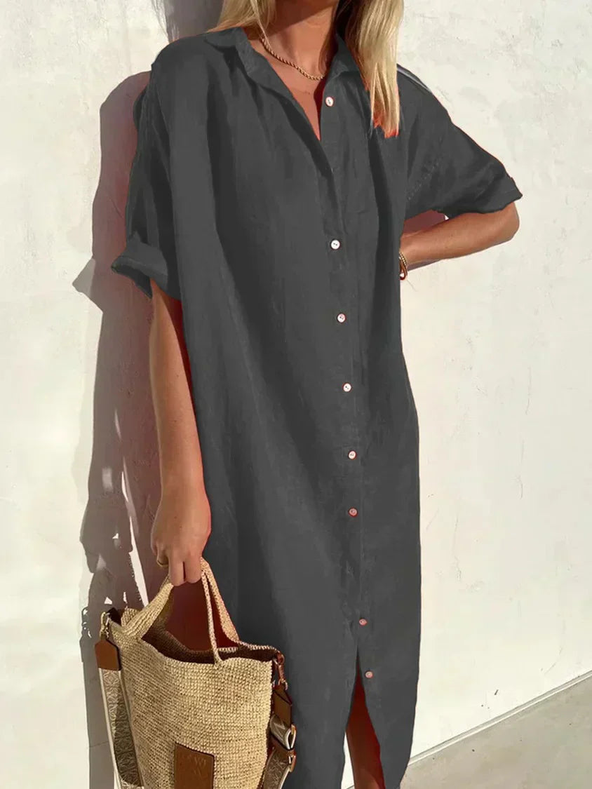 LP | Abito tinta unita con scollo a V in lino e cotone in lino e cotone alla moda