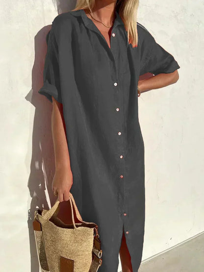 LP | Abito tinta unita con scollo a V in lino e cotone in lino e cotone alla moda