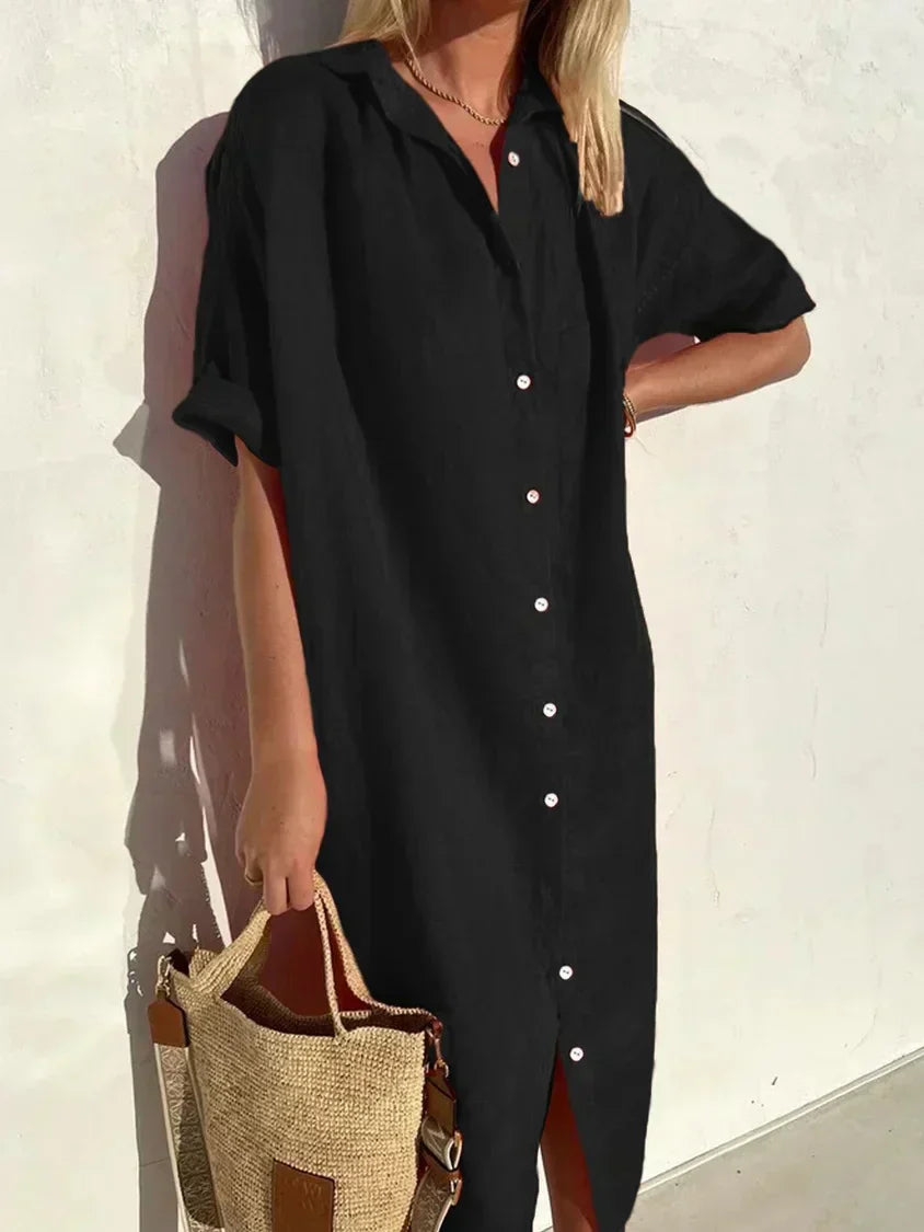 LP | Abito tinta unita con scollo a V in lino e cotone in lino e cotone alla moda