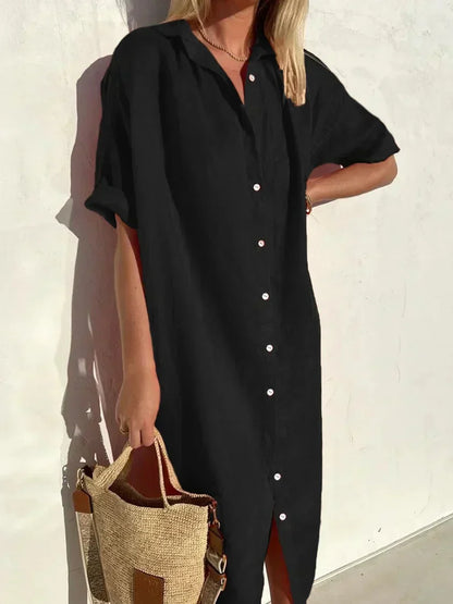 LP | Abito tinta unita con scollo a V in lino e cotone in lino e cotone alla moda
