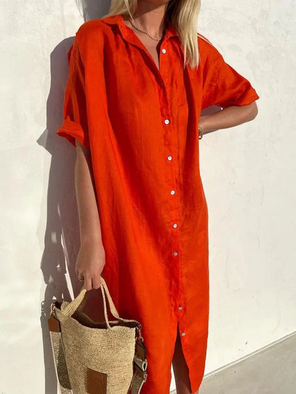 LP | Abito tinta unita con scollo a V in lino e cotone in lino e cotone alla moda