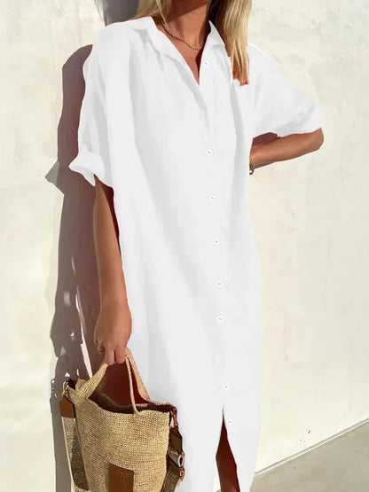LP | Abito tinta unita con scollo a V in lino e cotone in lino e cotone alla moda