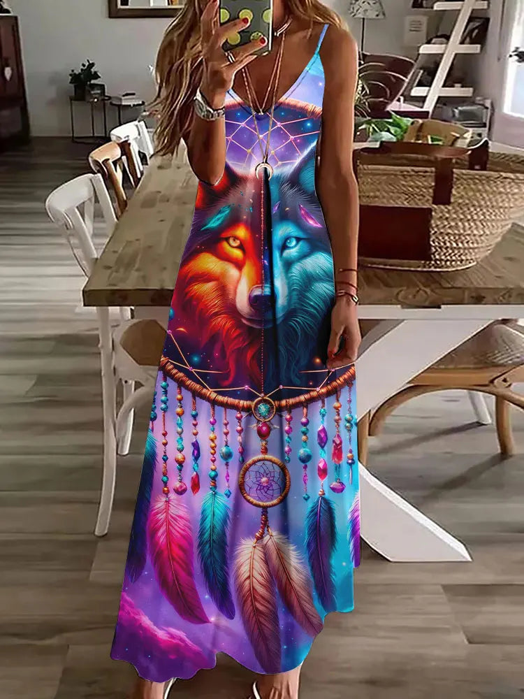 LP | 2024 Nuovo 3D Gufo Stampa Vintage Gilet senza maniche Lungo Donne Modello Tribale Spaghetti Strap Vestito Estate Lungo Gilet Allentato Abiti