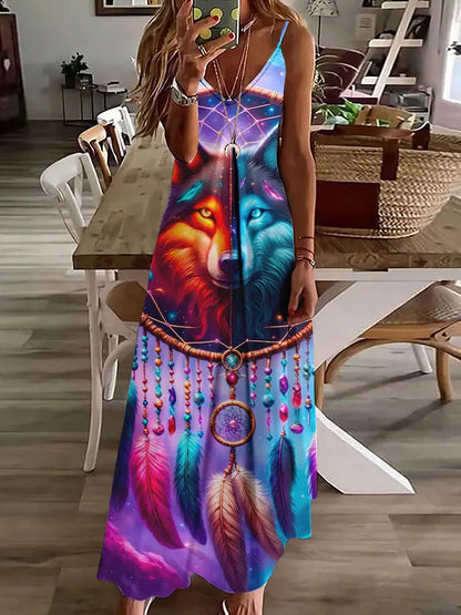 LP | 2024 Nuovo 3D Gufo Stampa Vintage Gilet senza maniche Lungo Donne Modello Tribale Spaghetti Strap Vestito Estate Lungo Gilet Allentato Abiti