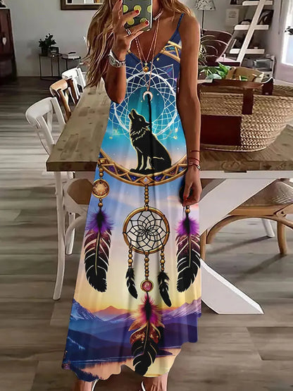 LP | 2024 Nuovo 3D Gufo Stampa Vintage Gilet senza maniche Lungo Donne Modello Tribale Spaghetti Strap Vestito Estate Lungo Gilet Allentato Abiti