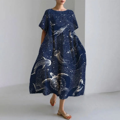 LP | Vestito estivo allentato di taglia superiore con tasca e scollo a O Maxi abito estivo elegante