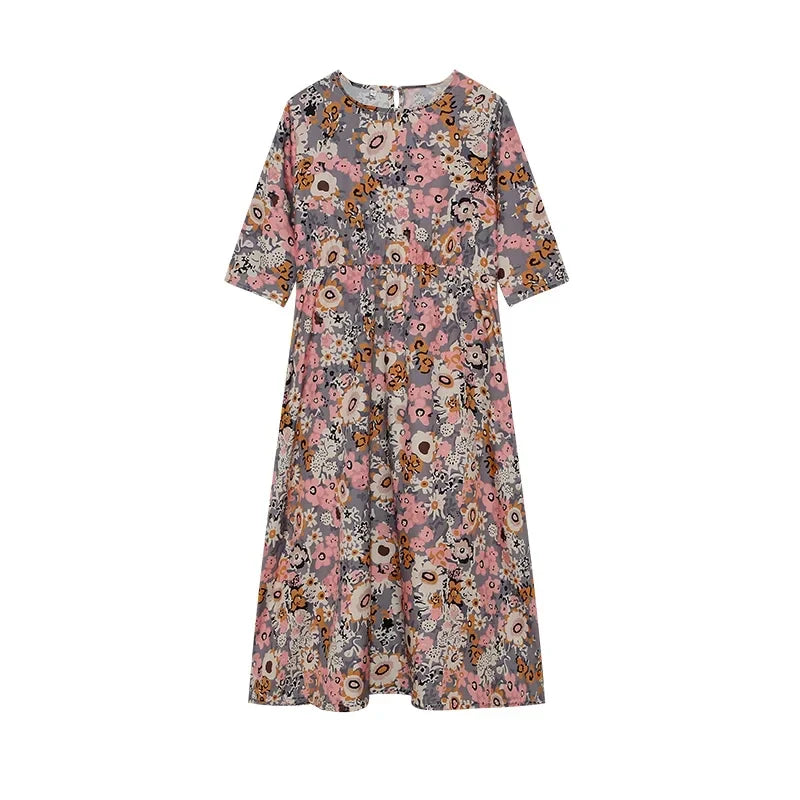 LP | 2024 Croce di confine Primavera e Estate Stampato Collo Rotondo Coperto Testa Mid Maniche Sciolto Borsa Casual in un Vestito Lungo