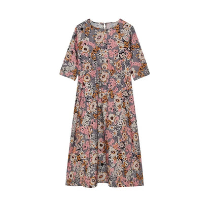 LP | 2024 Croce di confine Primavera e Estate Stampato Collo Rotondo Coperto Testa Mid Maniche Sciolto Borsa Casual in un Vestito Lungo