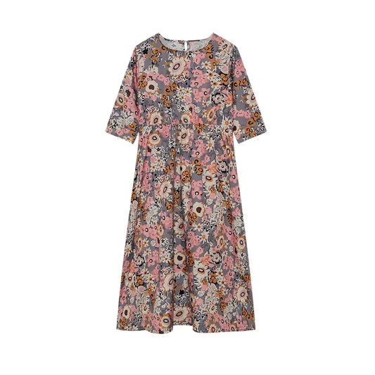 LP | 2024 Croce di confine Primavera e Estate Stampato Collo Rotondo Coperto Testa Mid Maniche Sciolto Borsa Casual in un Vestito Lungo