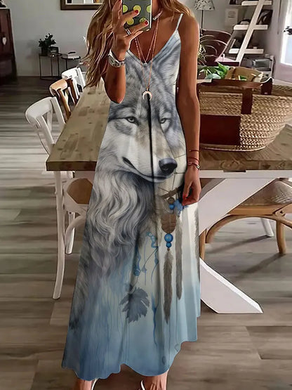 LP | 2024 Nuovo 3D Gufo Stampa Vintage Gilet senza maniche Lungo Donne Modello Tribale Spaghetti Strap Vestito Estate Lungo Gilet Allentato Abiti