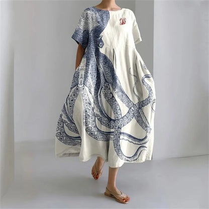 LP | Vestito estivo allentato di taglia superiore con tasca e scollo a O Maxi abito estivo elegante