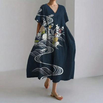 LP | Vestito estivo allentato di taglia superiore con tasca e scollo a O Maxi abito estivo elegante