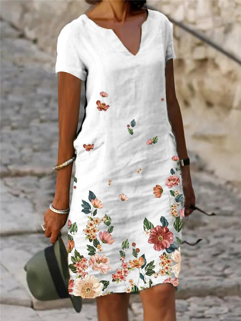 LP | 2024 Estate Elegante Donna Vestito Oversize Stampato Abiti con Scollo a V Femmina Primavera Trendy Spiaggia Moda Casual Abiti Sciolti Signore