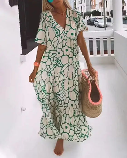 LP | 2024 AliExpress Donne europee e americane con bordo incrociato Estate Nuova Moda Stampata Manica Corta Profonda Scollo a V Abito Lungo