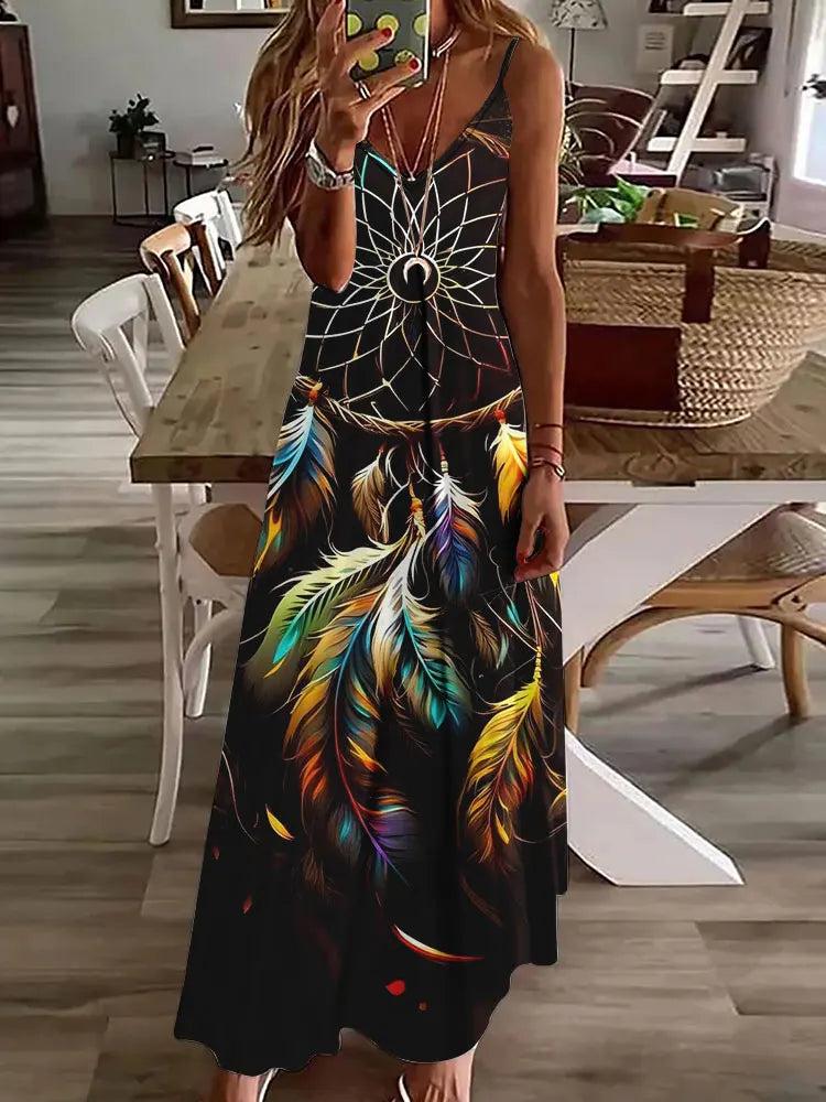 LP | 2024 Nuovo 3D Gufo Stampa Vintage Gilet senza maniche Lungo Donne Modello Tribale Spaghetti Strap Vestito Estate Lungo Gilet Allentato Abiti