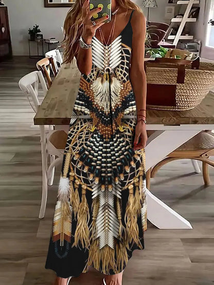 LP | 2024 Nuovo 3D Gufo Stampa Vintage Gilet senza maniche Lungo Donne Modello Tribale Spaghetti Strap Vestito Estate Lungo Gilet Allentato Abiti