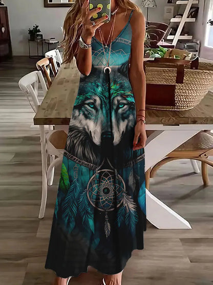 LP | 2024 Nuovo 3D Gufo Stampa Vintage Gilet senza maniche Lungo Donne Modello Tribale Spaghetti Strap Vestito Estate Lungo Gilet Allentato Abiti