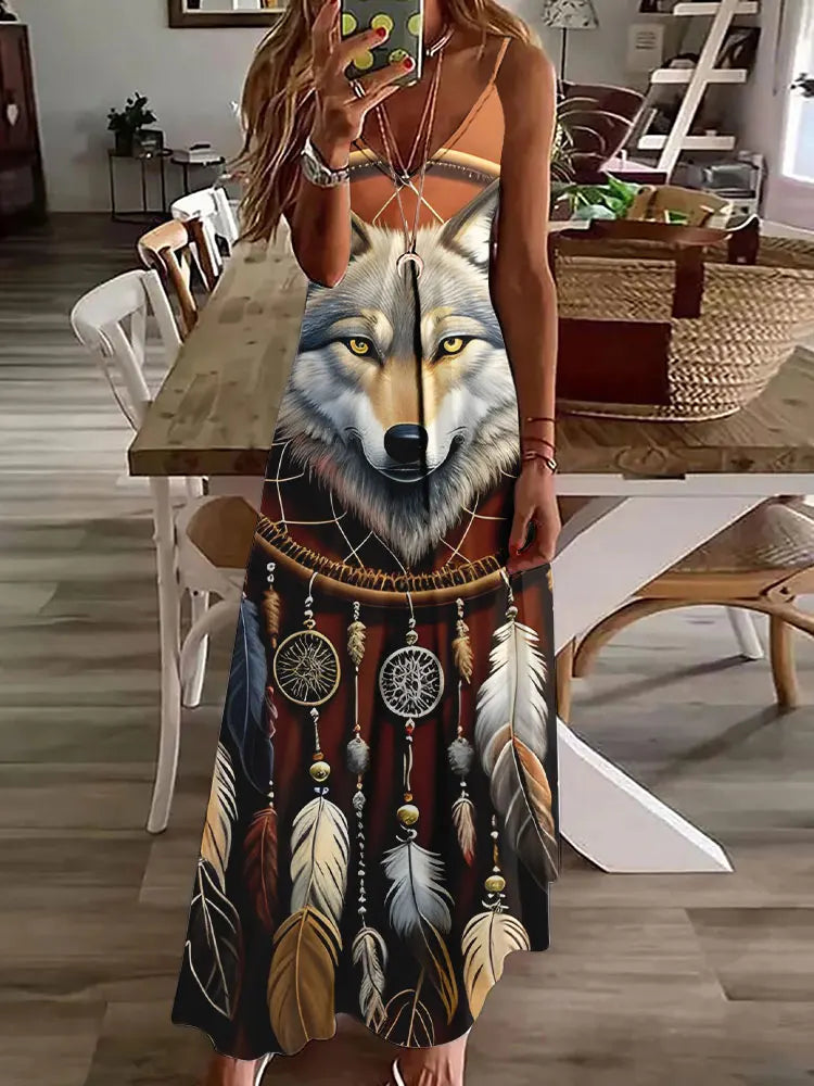 LP | 2024 Nuovo 3D Gufo Stampa Vintage Gilet senza maniche Lungo Donne Modello Tribale Spaghetti Strap Vestito Estate Lungo Gilet Allentato Abiti