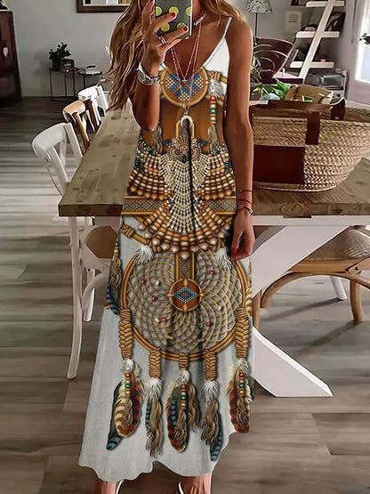 LP | 2024 Nuovo 3D Gufo Stampa Vintage Gilet senza maniche Lungo Donne Modello Tribale Spaghetti Strap Vestito Estate Lungo Gilet Allentato Abiti