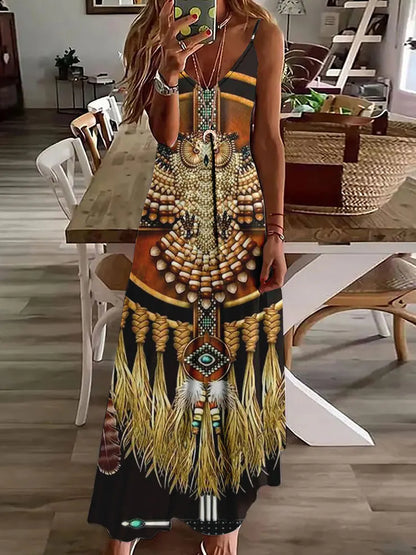 LP | 2024 Nuovo 3D Gufo Stampa Vintage Gilet senza maniche Lungo Donne Modello Tribale Spaghetti Strap Vestito Estate Lungo Gilet Allentato Abiti
