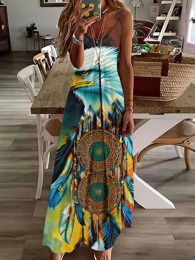 LP | 2024 Nuovo 3D Gufo Stampa Vintage Gilet senza maniche Lungo Donne Modello Tribale Spaghetti Strap Vestito Estate Lungo Gilet Allentato Abiti