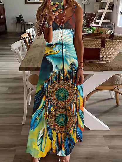 LP | 2024 Nuovo 3D Gufo Stampa Vintage Gilet senza maniche Lungo Donne Modello Tribale Spaghetti Strap Vestito Estate Lungo Gilet Allentato Abiti