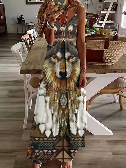 LP | 2024 Nuovo 3D Gufo Stampa Vintage Gilet senza maniche Lungo Donne Modello Tribale Spaghetti Strap Vestito Estate Lungo Gilet Allentato Abiti